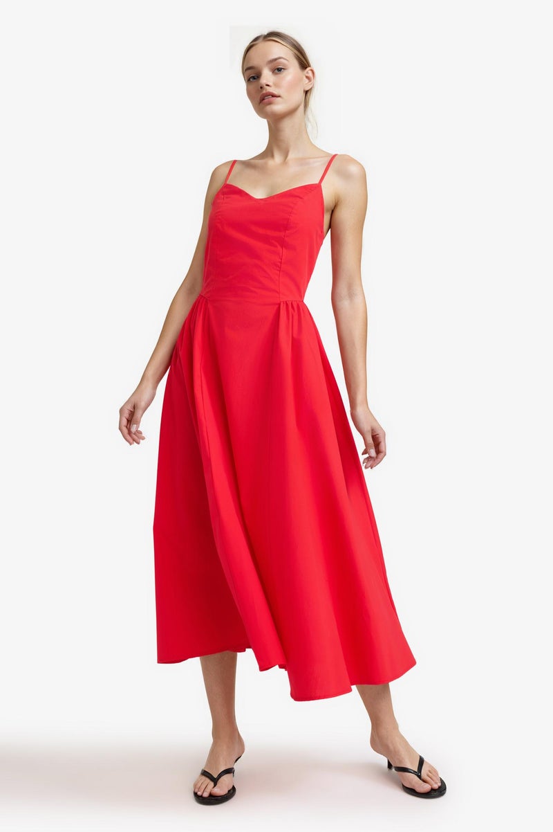 DeFacto Red Woman V-Neck Poplin Strappy Midi Dress Casual - Image 3
